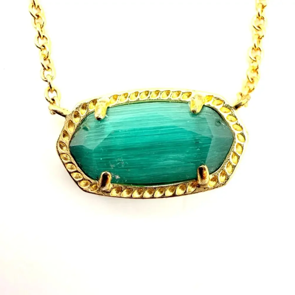 Kendra Scott Elisa Pendant Necklace Emerald Color Glass Gold Tone 15
